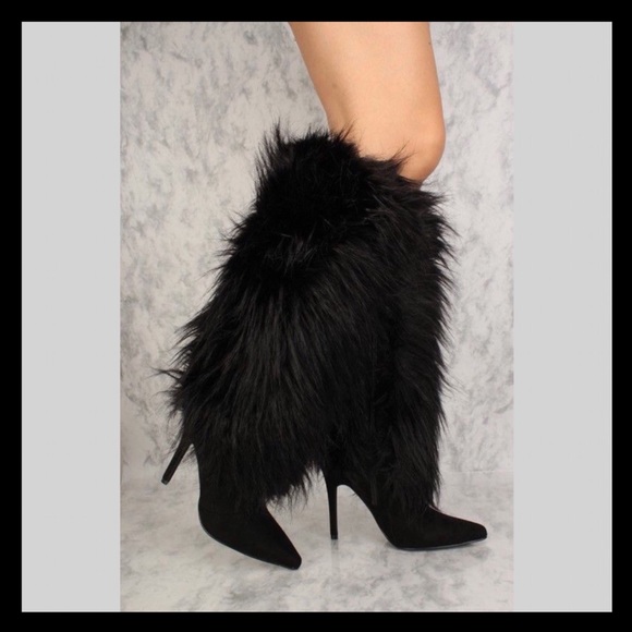 Black Faux Fur Pointy Toe Knee High Boots - Picture 4 of 5